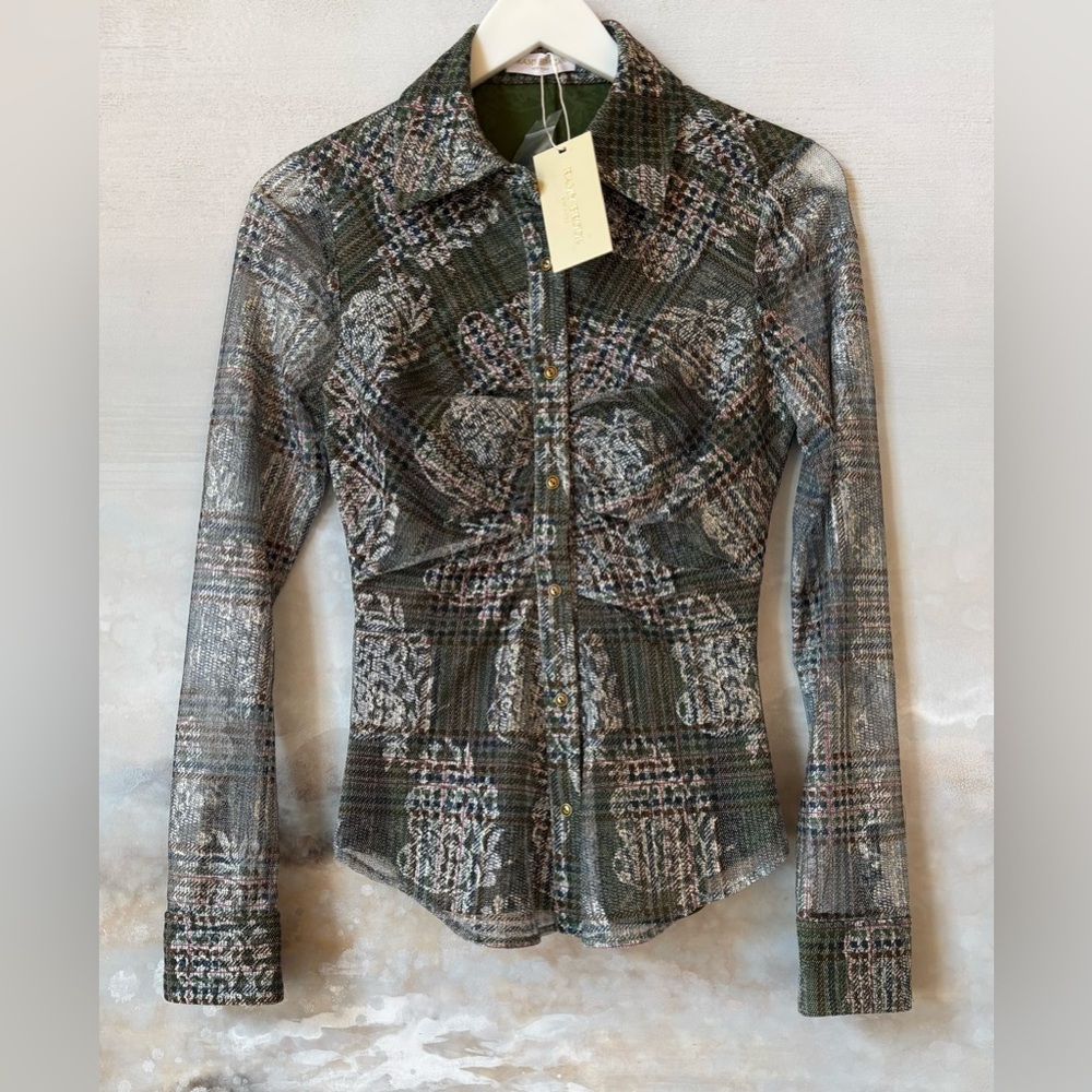 Ramy Brook Hamilton Sage Green Plaid Jacquard Button Down Shirt